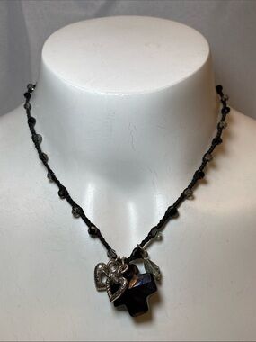 Brighton Karma Love Cross Crystal Beaded Woven Cord Cross Heart Charm Necklace